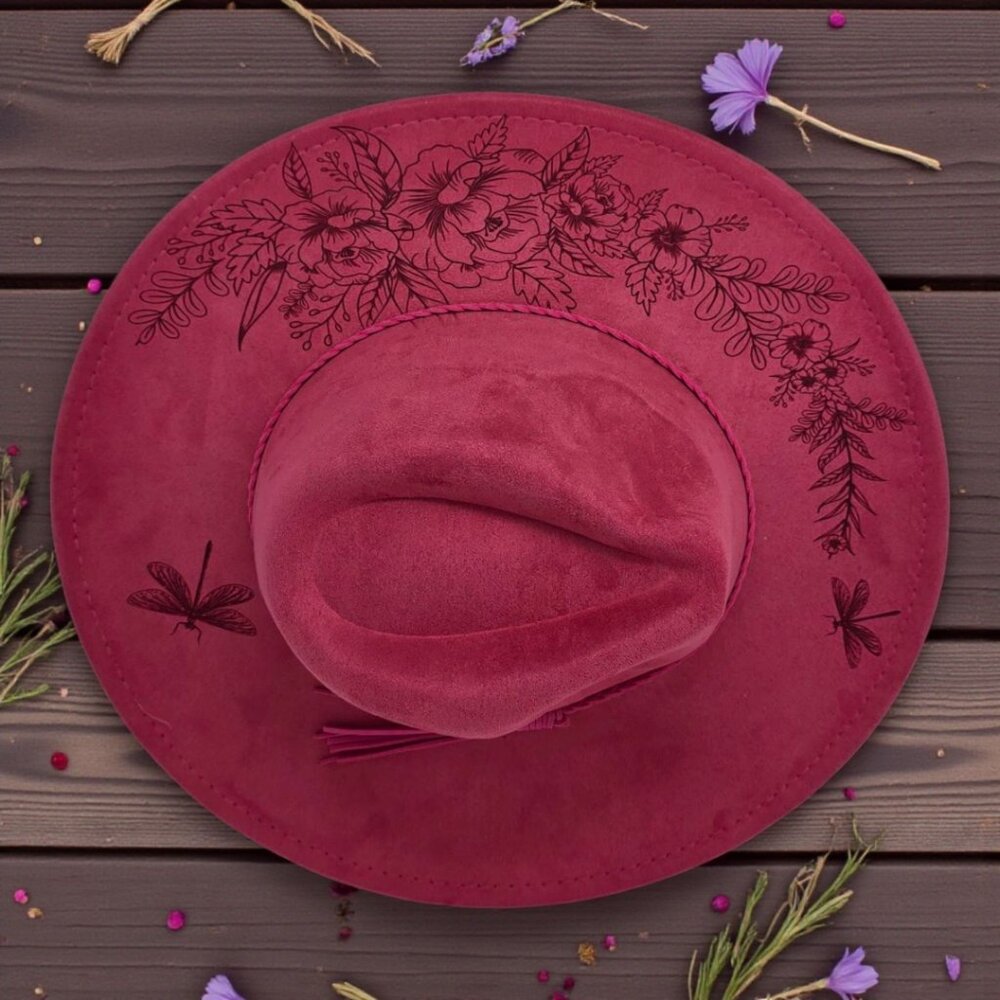 Magenta Vegan Suede Wide-Brim Hat – Laser Engraved Garden Roses, Hibiscus & Drag